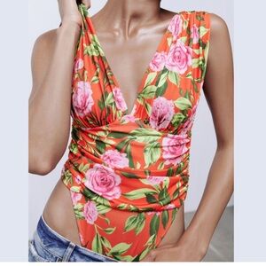 {Zara} Brand New Printed Draped Bodysuit